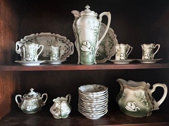Rare  Antique RS Prussia Chocolate Pot Set 31pcs Swans On The Lake Ex. Cond P