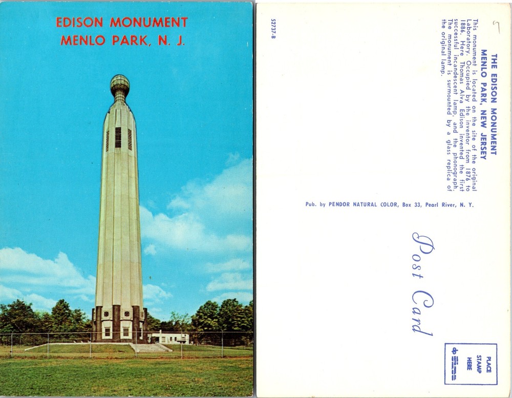Edison Monument Menlo Park New Jersey NJ Postcard