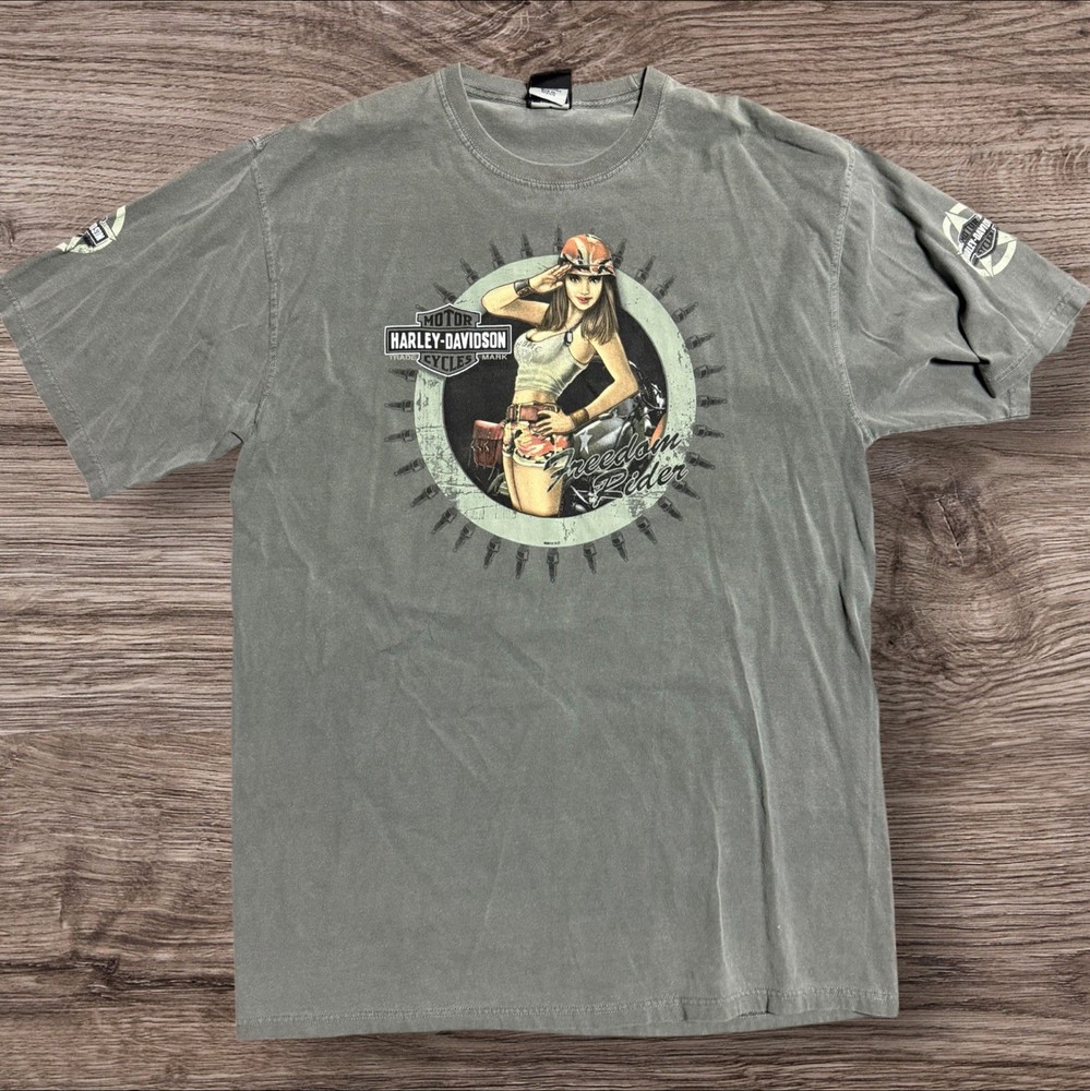 Harley Davidson Pinup Girl T-Shirt Mens XL Green WWII Biker Built Texas Vintage