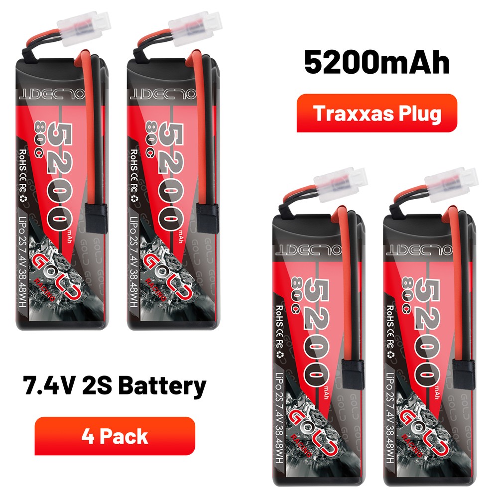 4Pack 80C 5200mAh 7.4V RC 2S Lipo Battery Traxxas Plug Hardcase For Car Truck