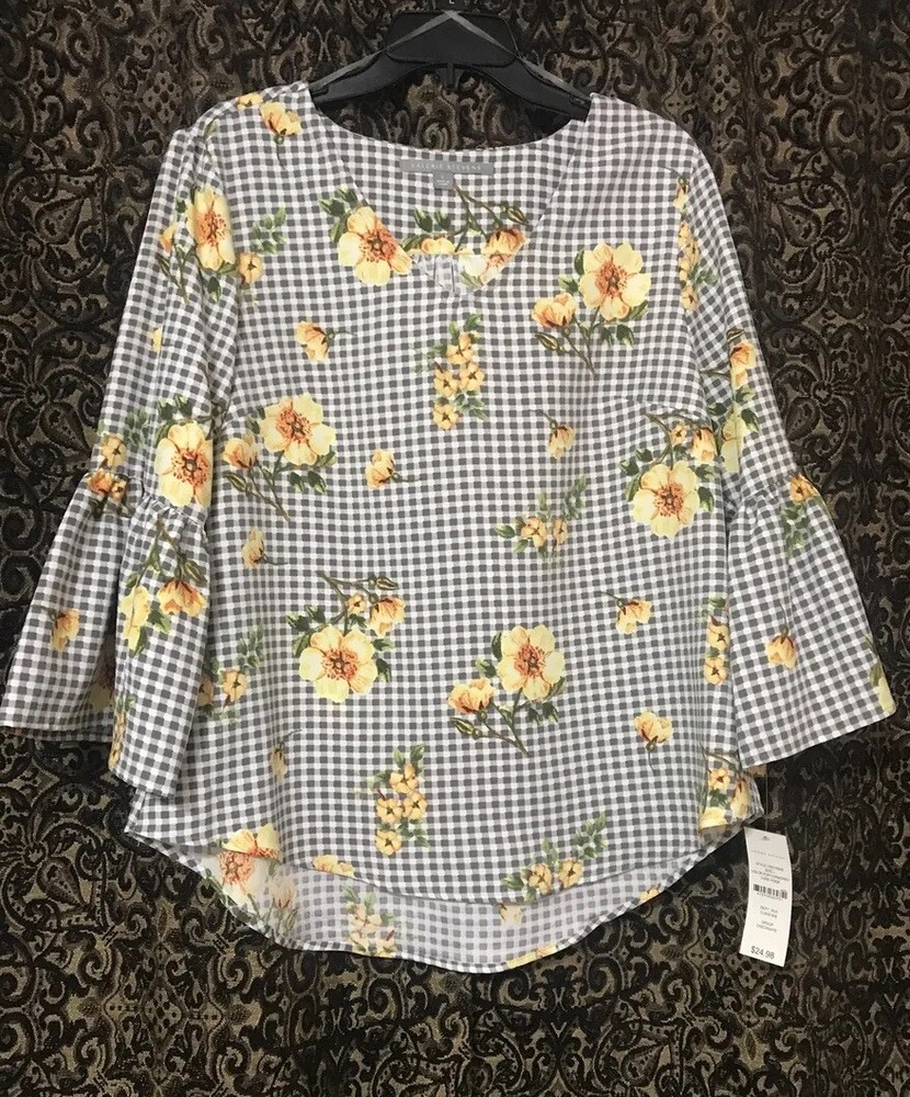 Valerie Stevens Floral Check Bell Sleeve V-Neck Blouse Size Large