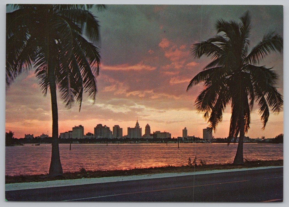 State View~Biscayne Bay & Miami Florida Skyline At Sunset~Continental Postcard