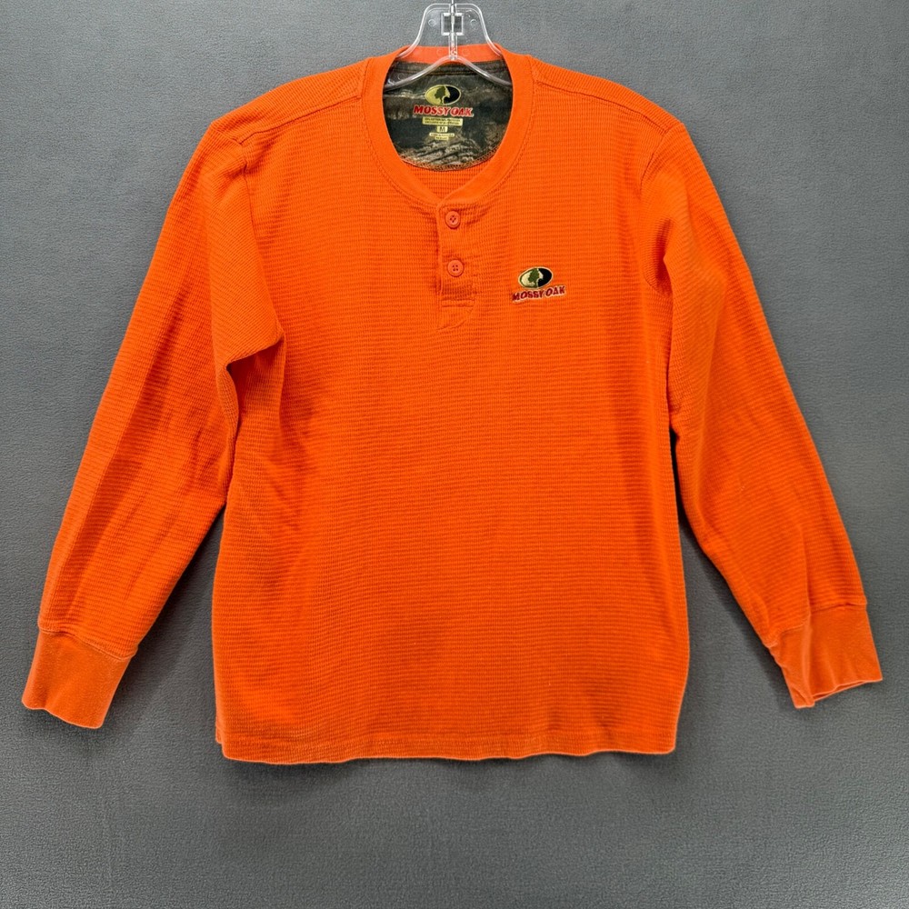 Mossy Oak Shirt Mens Medium Orange Henley Thermal Waffle Knit Base Layer Tee
