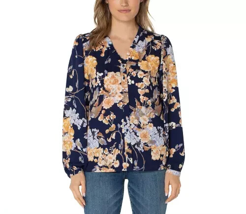 Well Worn Women's Plus Size 2X Navy Floral Long Sleeve Blouse Top NWT