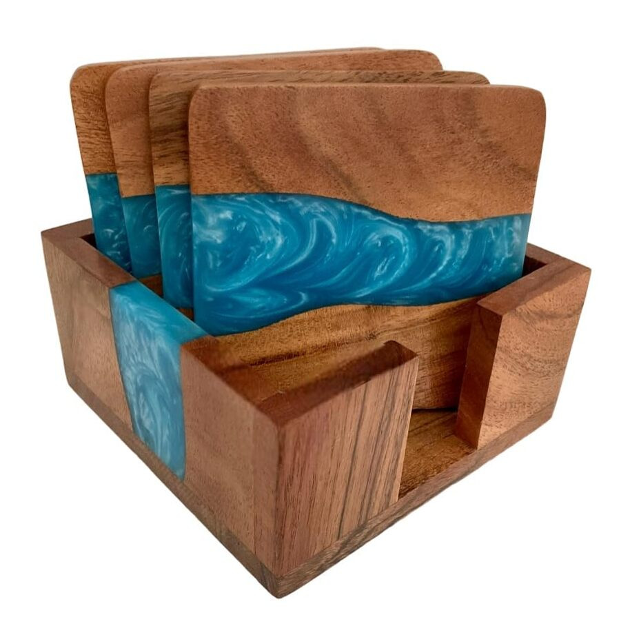 Set of 4 Wood and Resin Coasters with Holder, 4x4 Inches