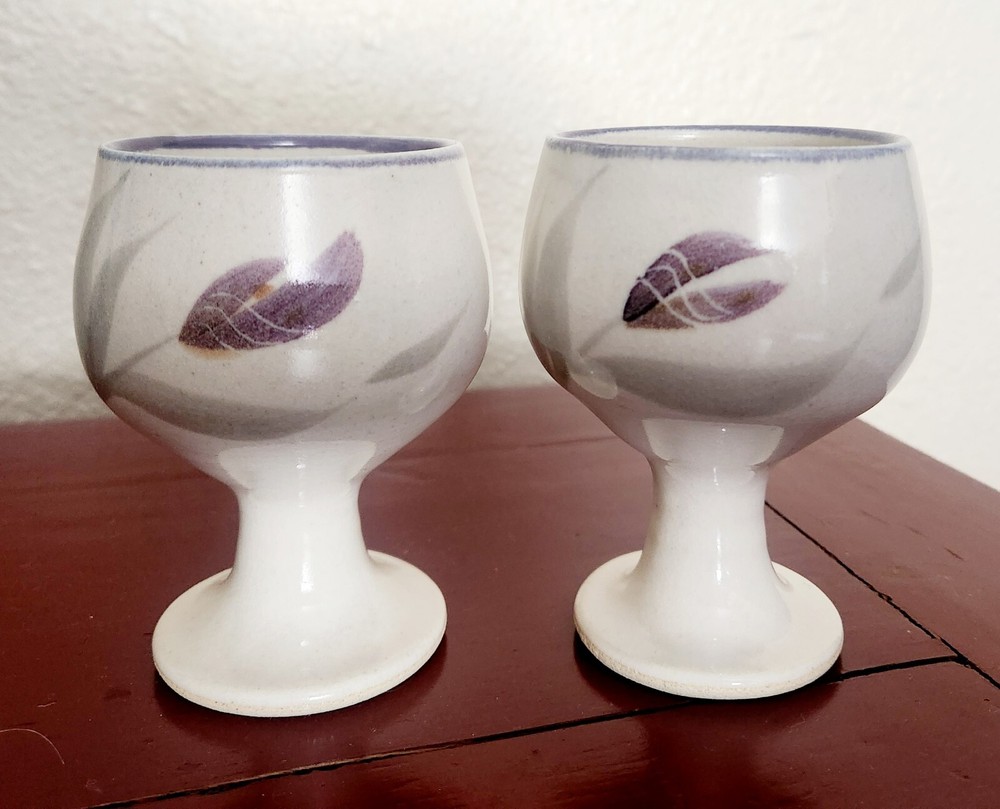 Stoneware Pottery Wine Goblets Hand Painted Leaf Design Signed Set Of 2 Vintage