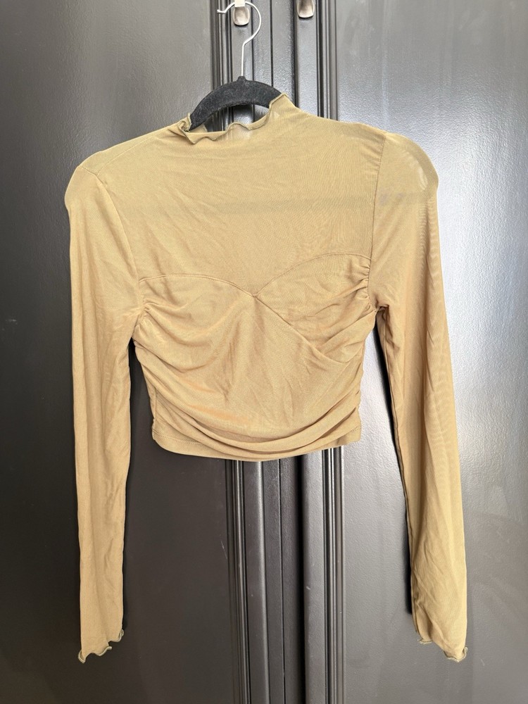 Beige Ruched Mock Neck Cropped Blouse, Long Sleeve, Women's