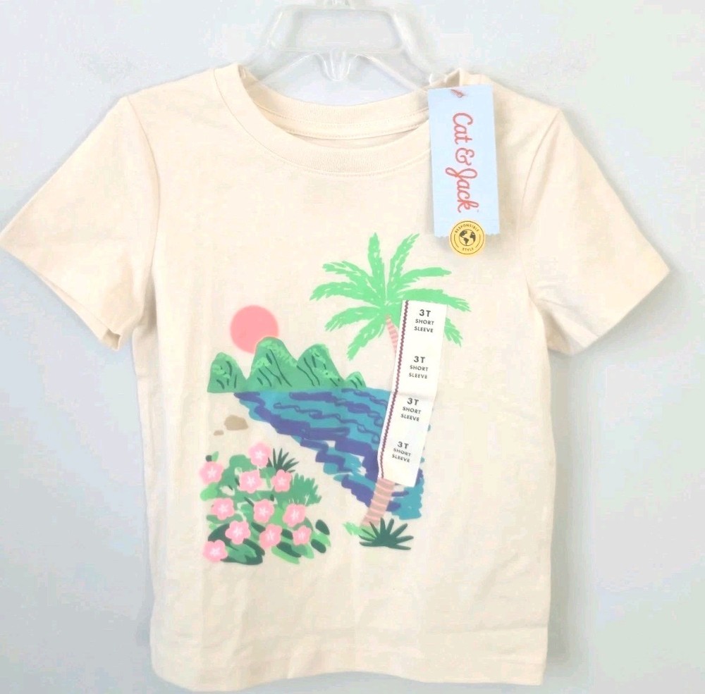 Cat & Jack Toddler Girls 3T Tropical Beach Graphic T Shirt Cream Short Sleeve...