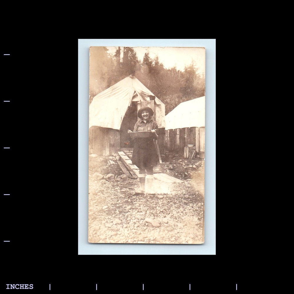 Old Vintage Photo WOMAN HOLDING BOWL OUTSIDE TENT CAMPING