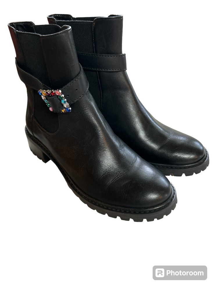 SCHUTZ Amebah Ankle Boots Jeweled Buckle Lug Sole Leather Booties Black Sz 7.5B