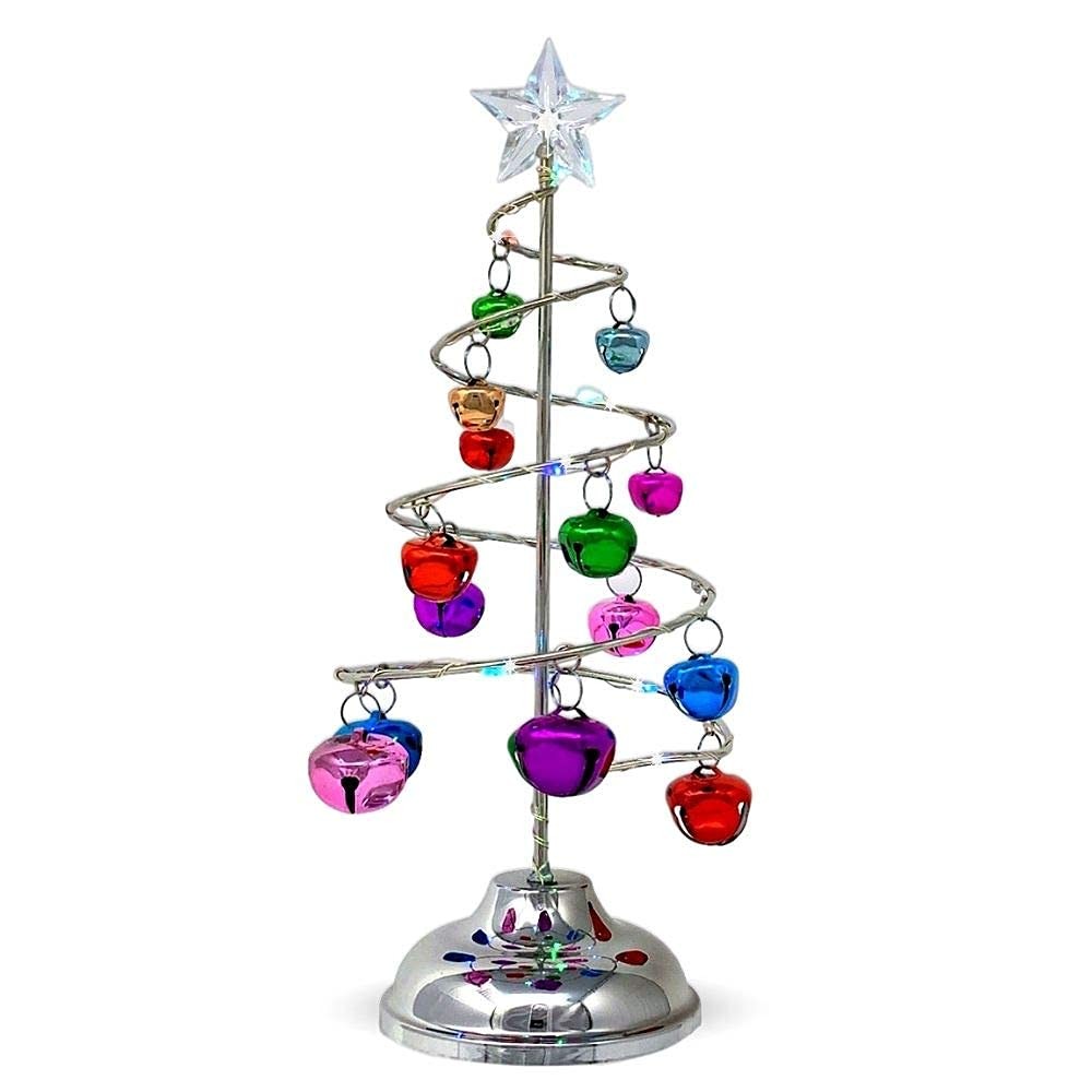 Lighted Tabletop Spiral Silver Christmas Tree - Multicolor Jingle Bells & Lig...