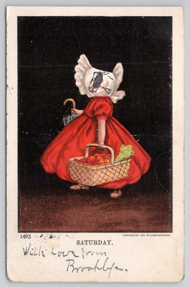 1905 Ullman Postcard Saturday Girl Red Dress Basket Apples Umbrella 1907 Post