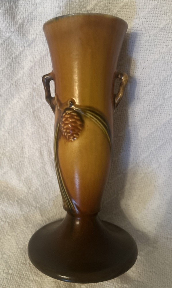 Roseville Pinecone Bud Vase Beautiful Vintage Pottery Vase 9 1/2” Small Damage