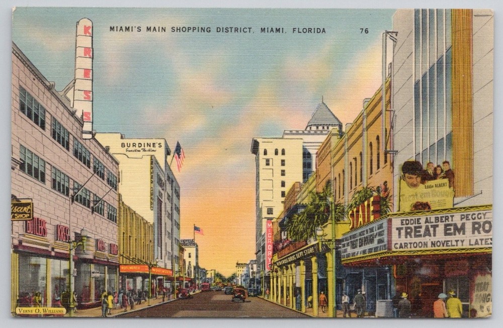 Vintage Linen Postcard Miami Florida Main Shopping District Burdine's Kress