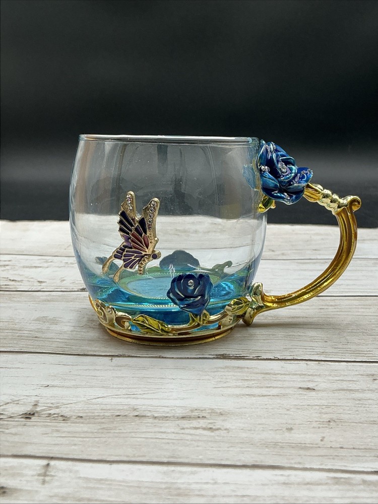 Elegant Blue Rose & Butterfly Enamel Glass Mug – Handcrafted Flower Tea Cup