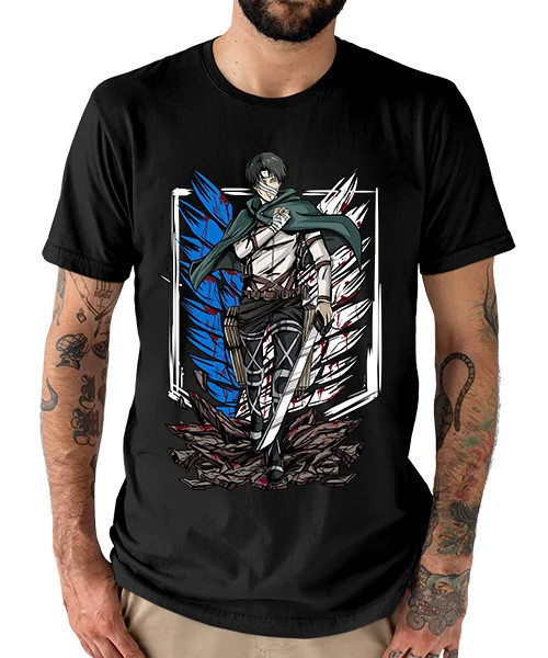 Anime Attack On Titan Levi Ackerman Battle Stance Black T-Shirt