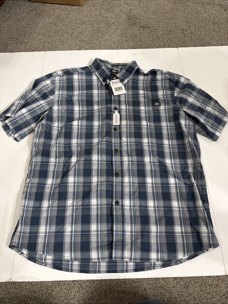 Dickies Relaxed Fit Button Front Short Sleeve Blue Plaid Shirt Men's L