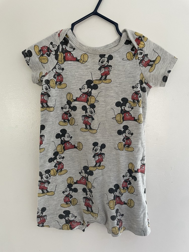 Disney Baby Boys Allover Mickey Mouse Cotton Blend Short Sleeve Romper Gray 18M