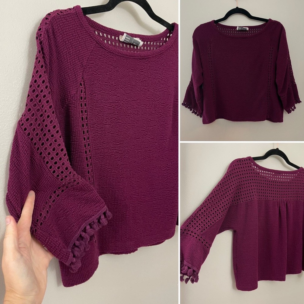 Anthropologie Saturday Sunday Cozy Burgundy Boho Crochet Waffle Knit Top XS