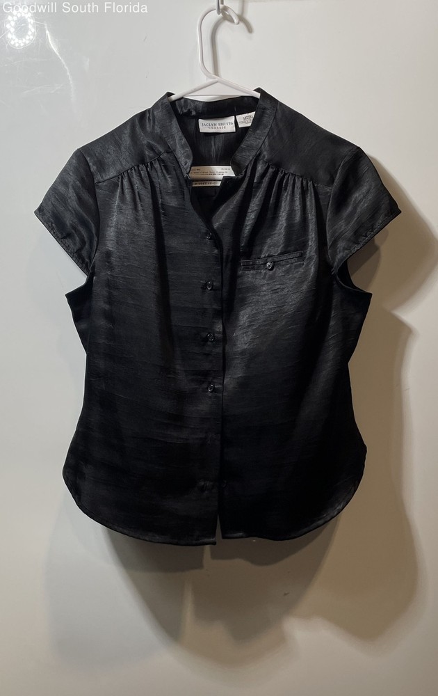 Jaclyn Smith Womens Black Short Sleeve Button Front Blouse Top Size Large