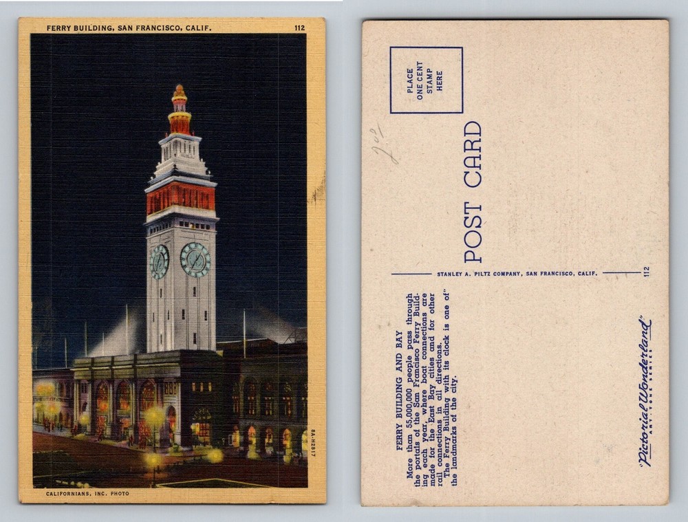 San Francisco, CA-California, Ferry Building and Bay Night View Vintage Postcard