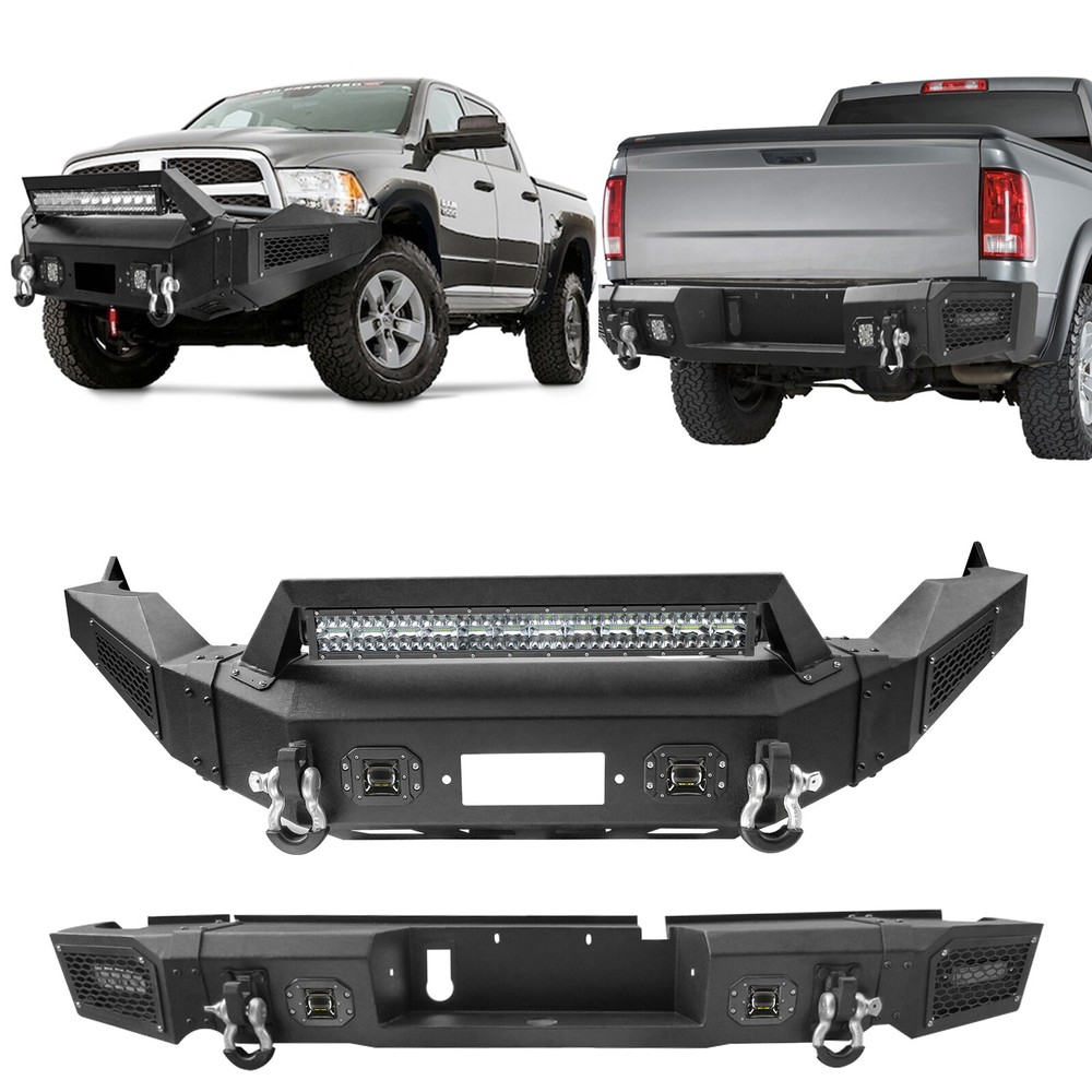 For 2013-2018 Dodge Ram 1500 Steel Front/Rear Bumper W/Winch Plate& LED Lights