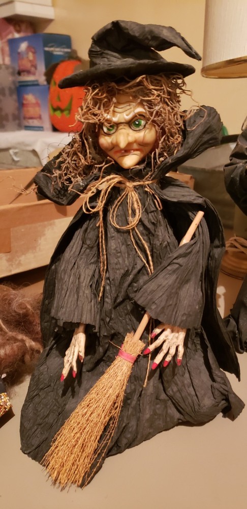 Vintage Black Crepe Paper Halloween Witch Rubber Face and Hands 12