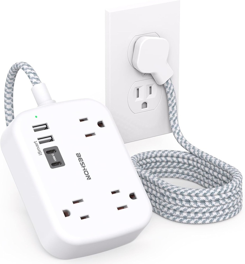 USB Power Strip, Extension Cord with USB Port, Flat Plug Power Strip, Ultra Flat