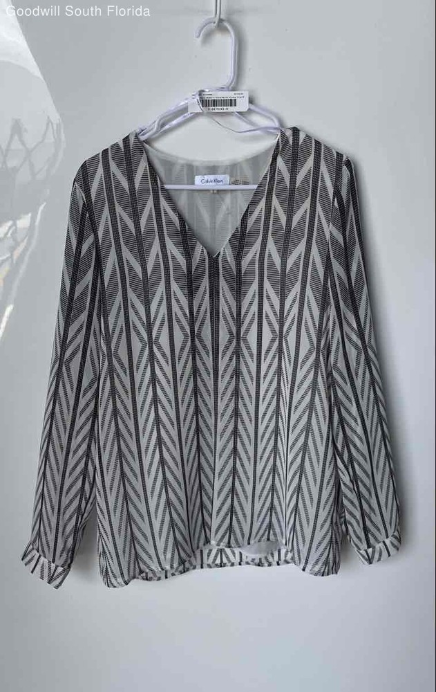 Calvin Klein Womens Black White Chevron V-Neck Long Sleeve Blouse Top Size M