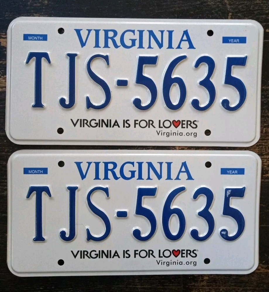 Virginia License Plate Set TJS-5635 Matching Pair Tags Plates VA Is For Lovers