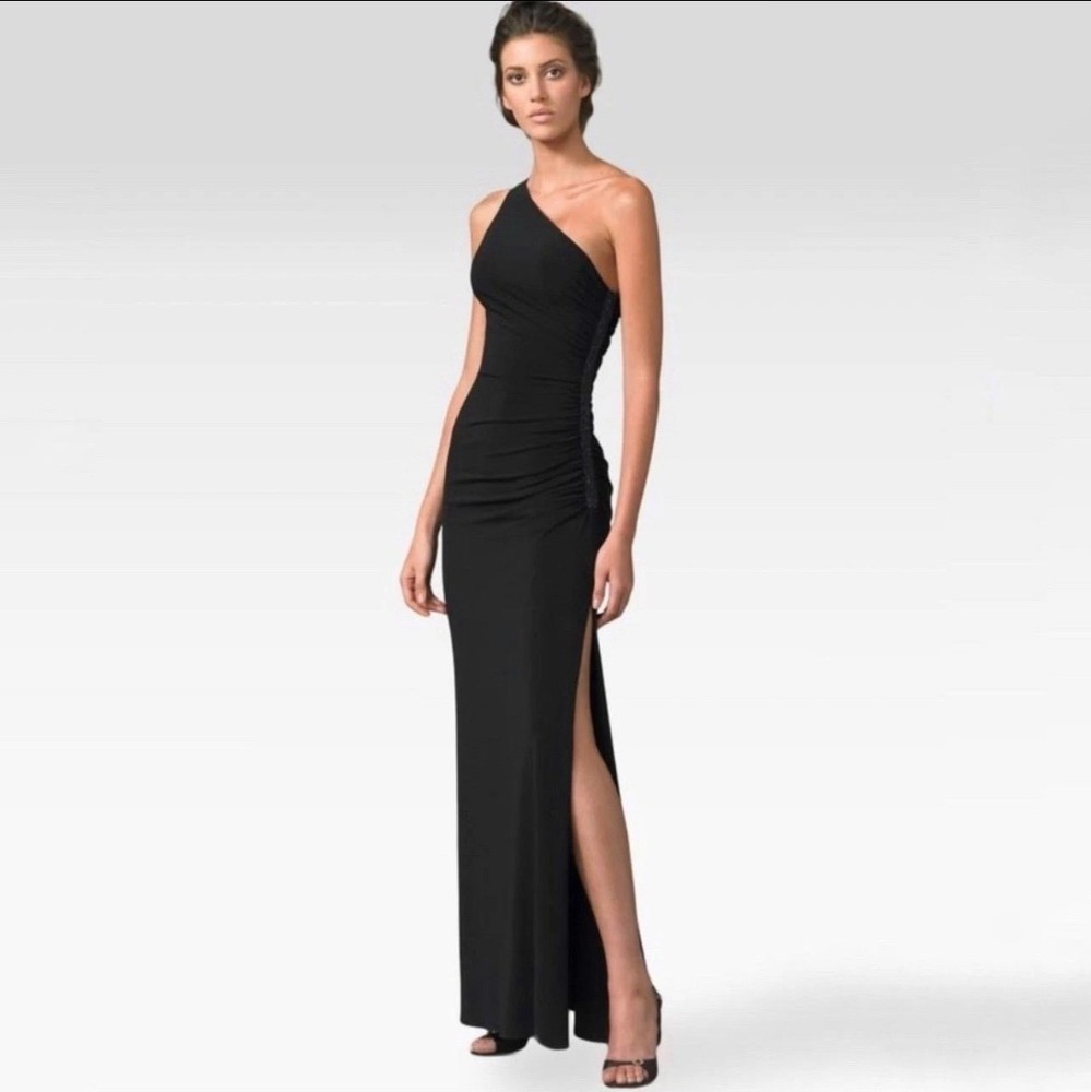 Laundry By Shelli Segal Beaded One Shoulder Maxi Gown Black Jersey Size 8