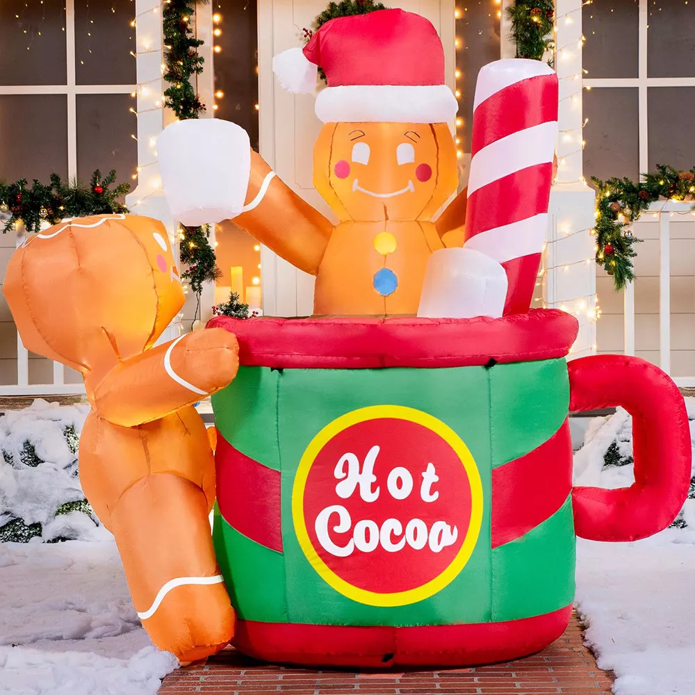 6 FT Christmas Inflatables Outdoor Decorations, Gingerbread Man in Hot Cocoa Mug