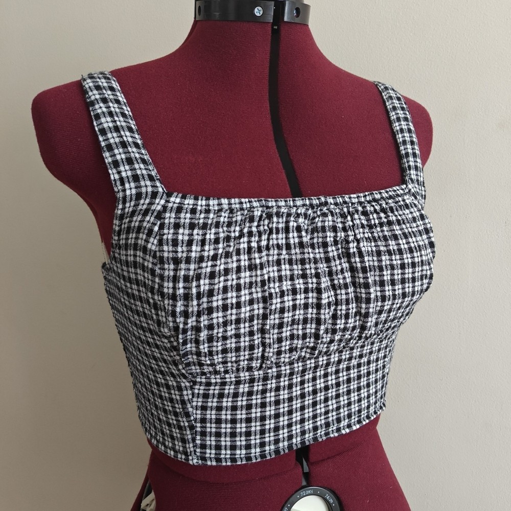 Japna Medium Black White Gingham Plaid Ruched Crop Top Wide Strap Square Neck