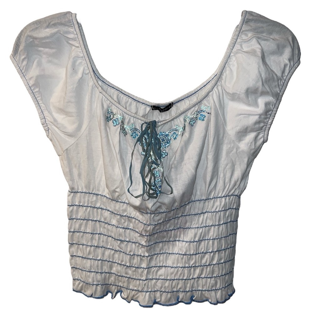 Fang Babydoll Top XL White Cropped Smocked Tie Neck USA Peasant Y2K New *Read