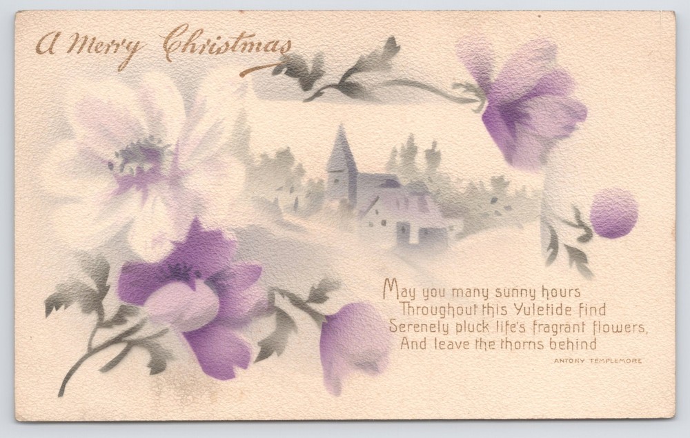 Holiday~Purple Flowers Castle & Christmas Greeting Poem~Vintage Postcard