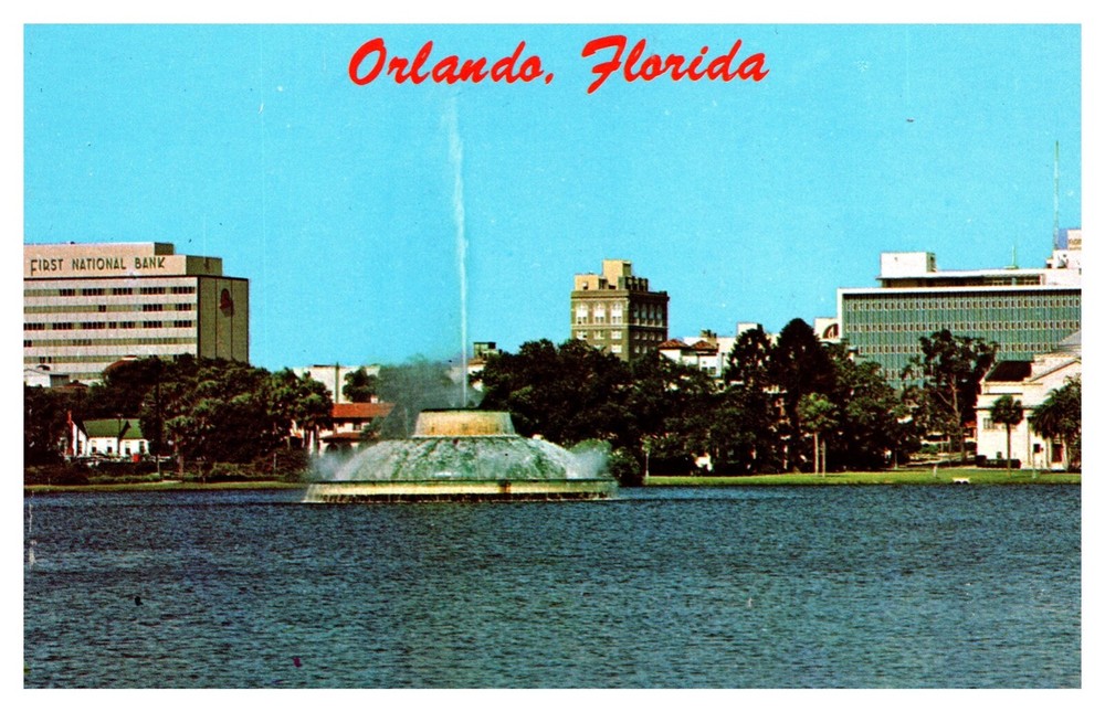 Orlando FL Florida Skyline Centennial Fountain Lake Eola Chrome Postcard