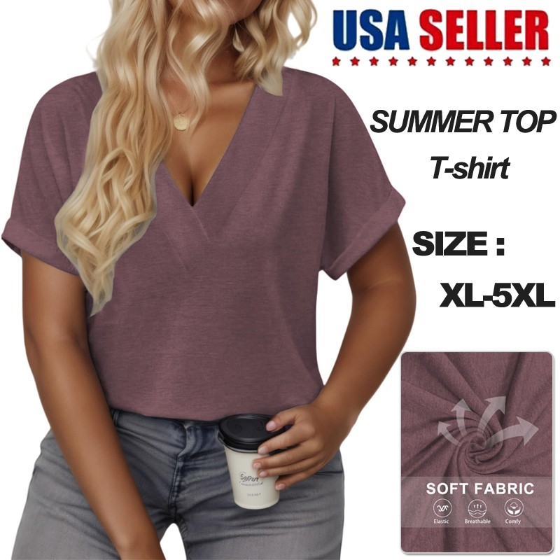 Summer Womens Casual Sexy V-neck T-shirt Breathable Soft Plus Size Short Sleeved