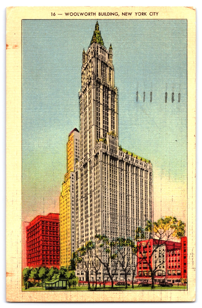 New York City New York NY Woolworth Building Tower Cars Vintage Linen Postcard