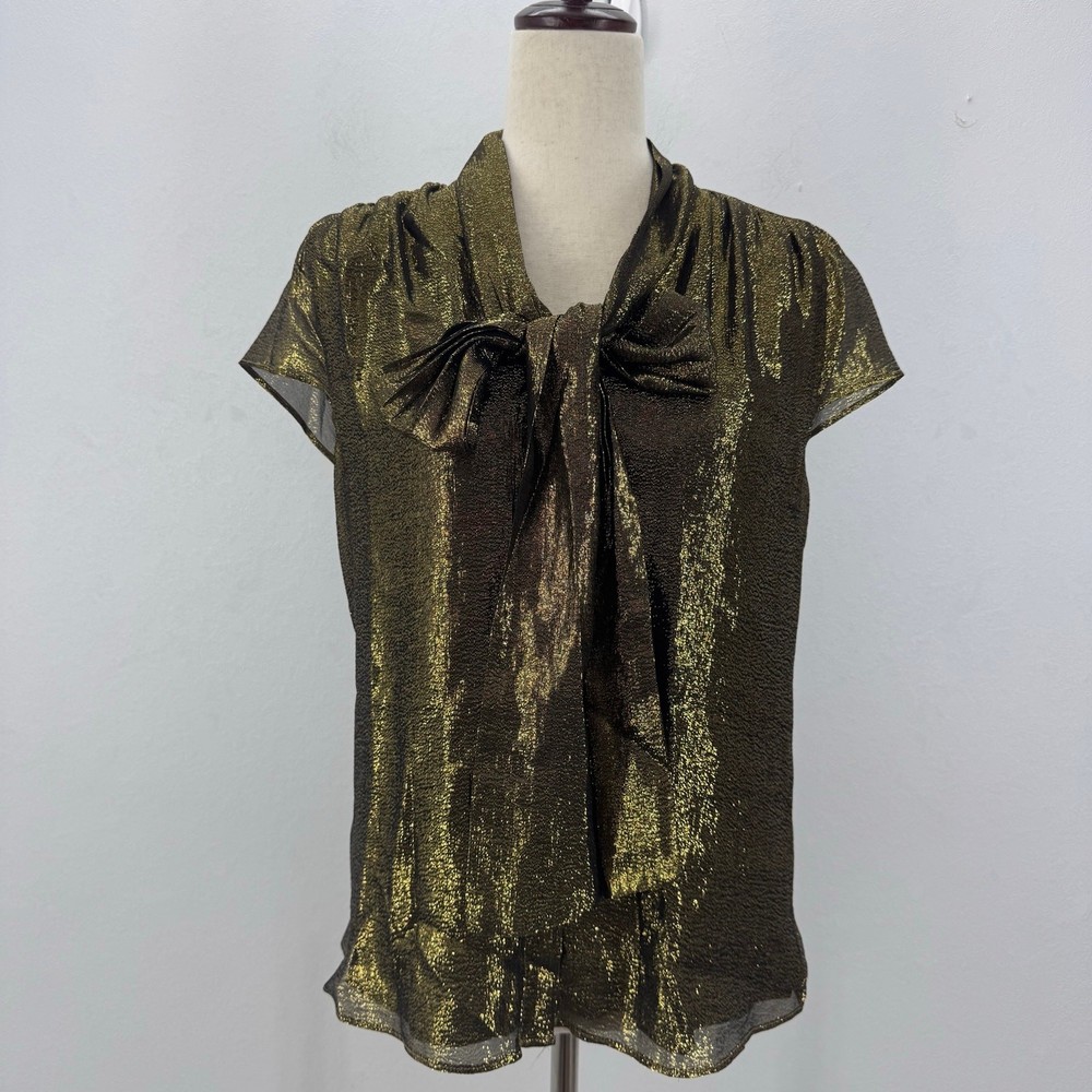 Alice + Olivia Jeannie Silk Metallic Bow Cap Sleeve Blouse Glams Brunch Party