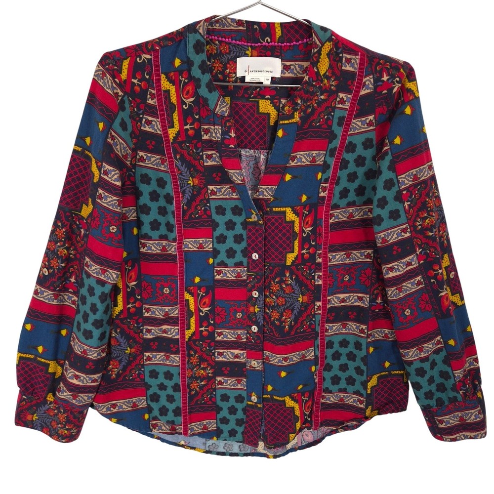 Anthropologie Shirt Womens XS Multi Patterned Roll Tab Long Sleeve Front Button