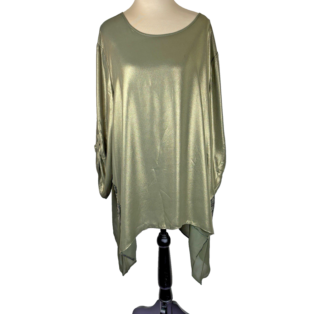 Chicos Womens Metallic Tunic Top Relaxed Fit Glistening Shine Evergreen Size 4
