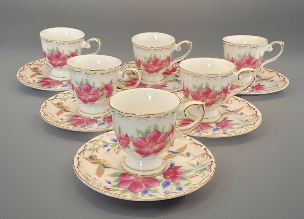 Set Of 6 Grace’s Teaware Demitasse Cups & Saucers Hummingbirds And Pink Flowers