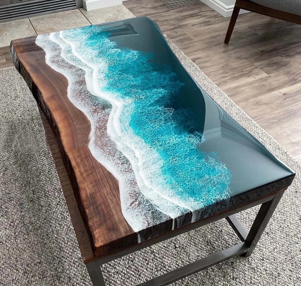 Customized Dark Wooden Epoxy Resin Table, Handmade Blue Ocean Epoxy Resin Table,