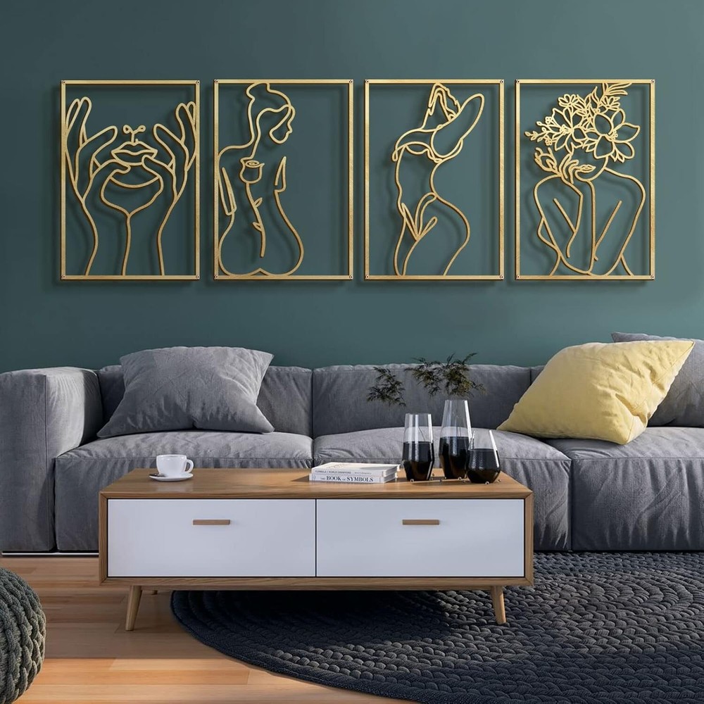 Stylish 4-Piece Gold Wall Décor - Modern Abstract Art with 3D Hollow Design-image