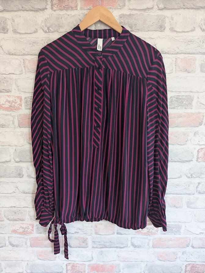 Purple & Pink Striped Button-Up Blouse with Drawstring Hem Size 12