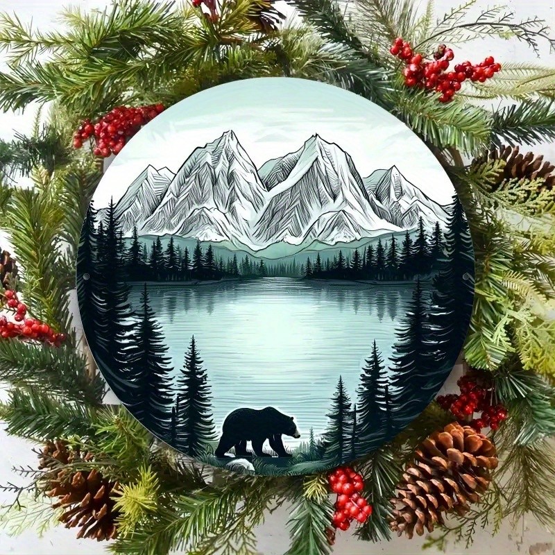 Lake Mountain View Pine Trees Black Bears Metal Wall Art