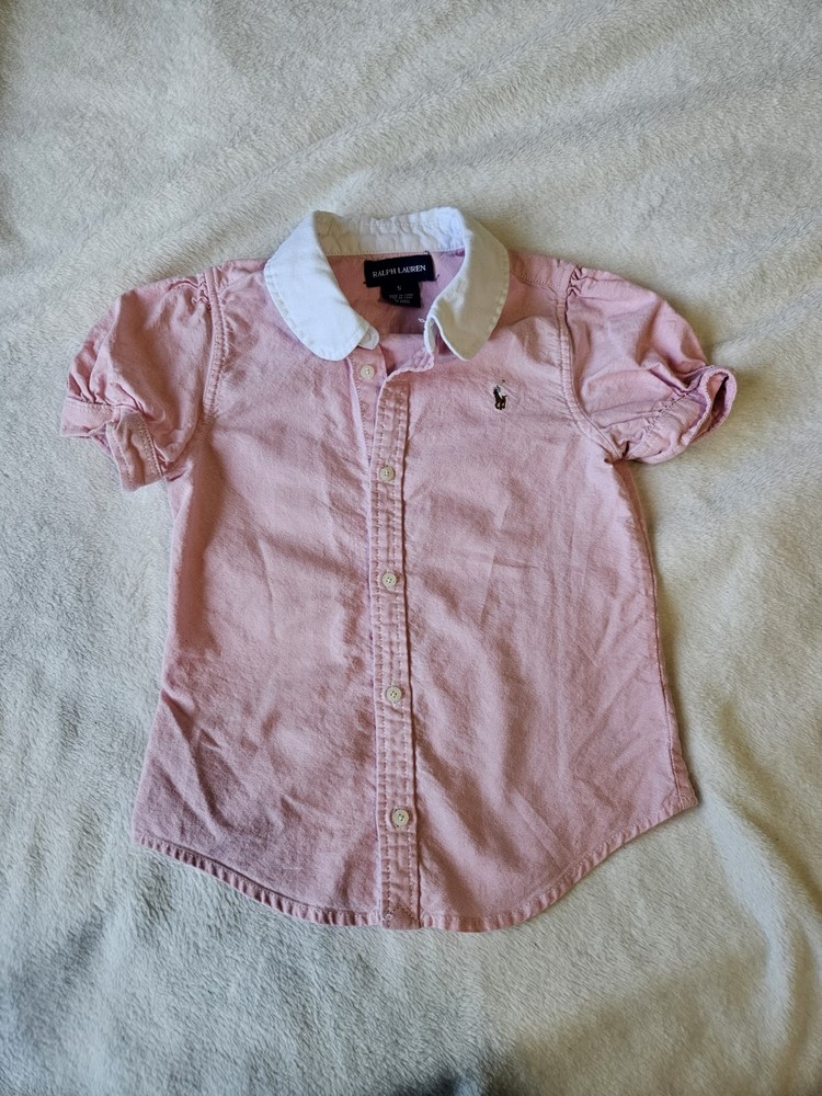 EUC Ralph Lauren Girls Pink Cotton Collared Button Up Polo Shirt Size 5