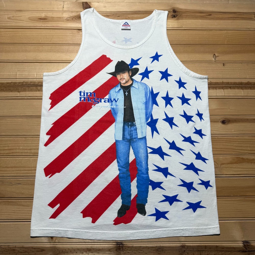 Vintage 1997 Tim McGraw Everywhere Tour Country Music USA Flag Tank Top - Large