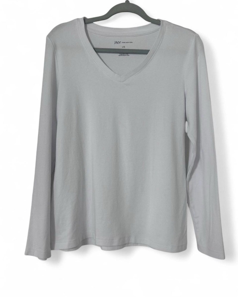 Jones New York White V-Neck Long Sleeve Tee - Size Large