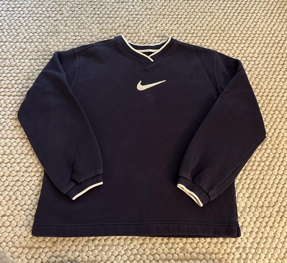 VTG Nike V Neck Sweatshirt Women’s Large Center Swoosh Y2K Navy Blue